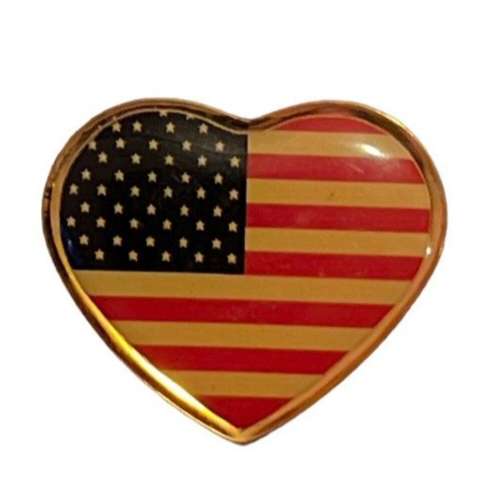 American Flag Heart Stars and Stripes Gold Tone Vintage Lapel Pin